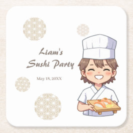Sushi Birthday Party Invitation with Cute Anime  Underlägg Papper Kvadrat