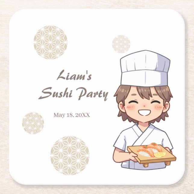 Sushi Birthday Party Invitation with Cute Anime  Underlägg Papper Kvadrat (Framsidan)