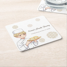 Sushi Birthday Party Invitation with Cute Anime  Underlägg Papper Kvadrat