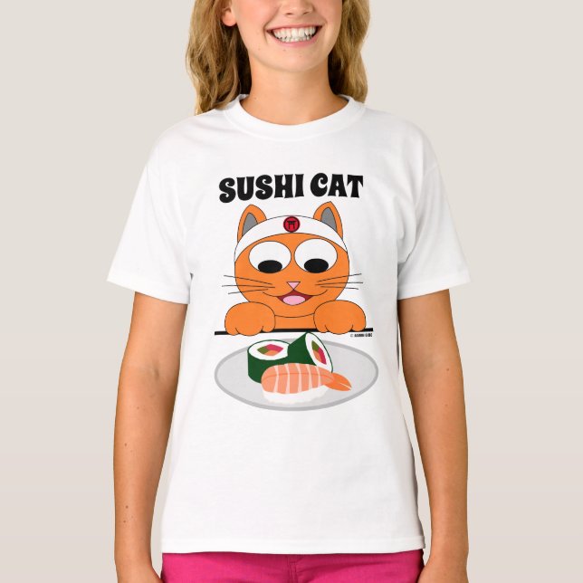 SUSHI CAT-Tecknad Cat Eats Sushi Funny T Shirt (Framsida)
