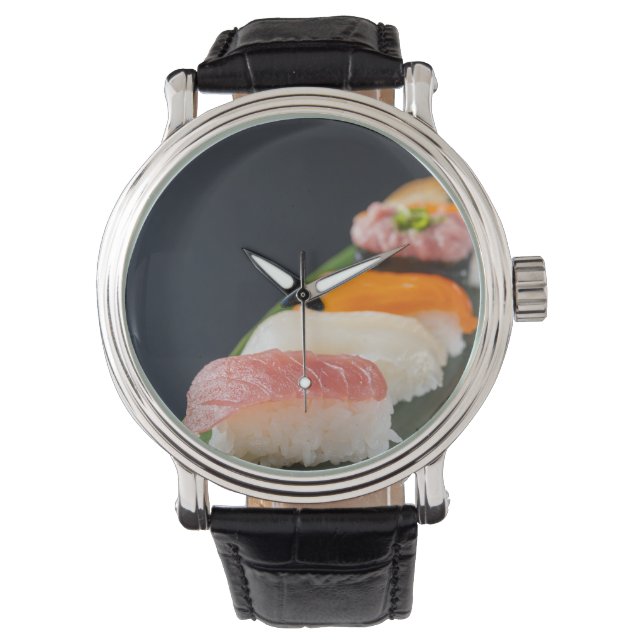 Sushi Elegance Watch – Classic Black & Leaf Armbandsur (Framsida)
