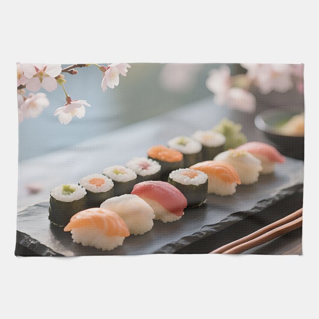 Sushi fatte Körsbärsblomning Kökshandduk (Horisontell)