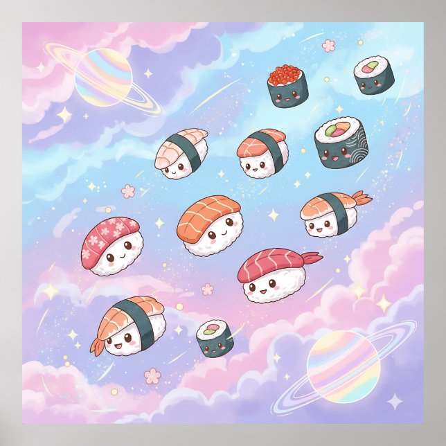 Sushi Flying in Pastel Galaxy Sky Poster (Framsidan)
