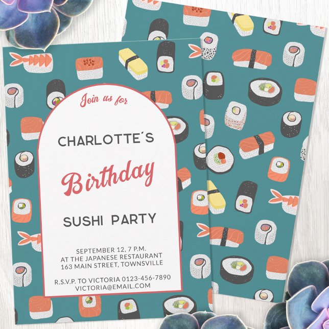 Sushi Födelsedagsfest Inbjudningar (Japanese sushi themed personalized birthday party invitation with custom text)