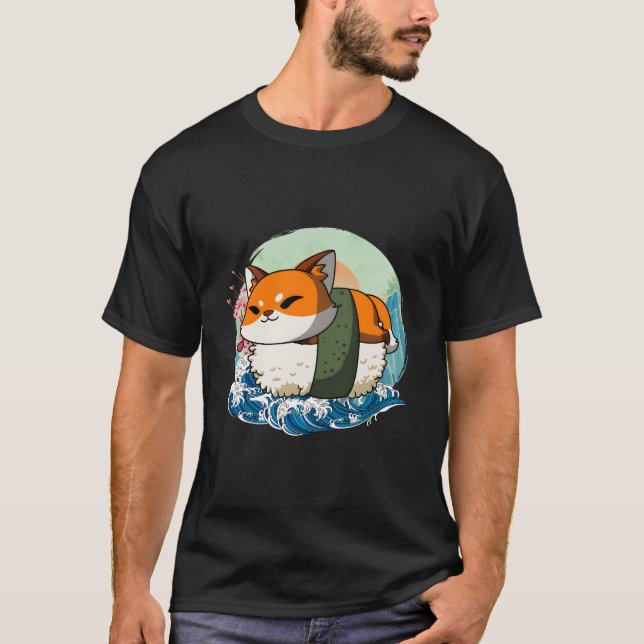 Sushi Fox Japanese Great Wave Kanagawa T Shirt (Framsida)