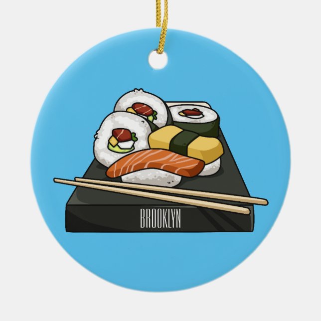 Sushi-illustration av tecknad julgransprydnad keramik (Framsidan)