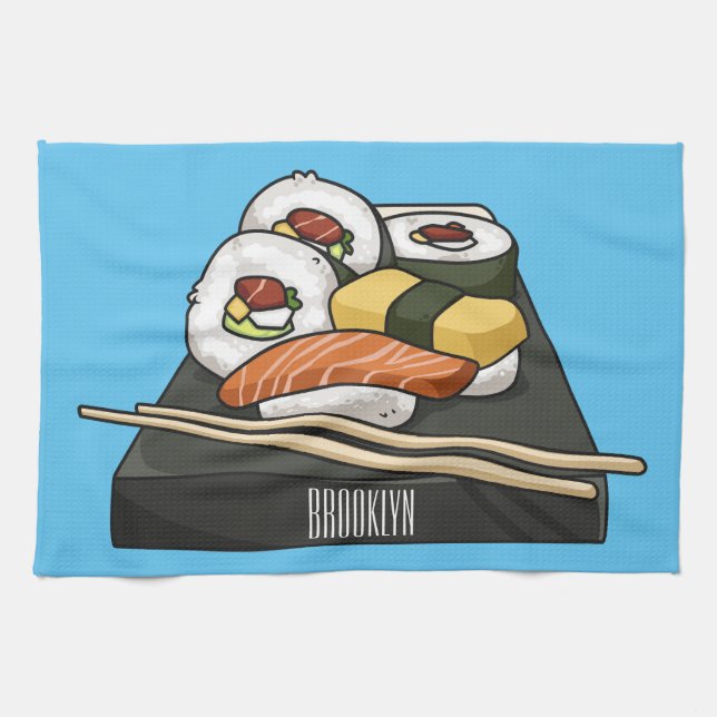 Sushi-illustration av tecknad kökshandduk (Horisontell)