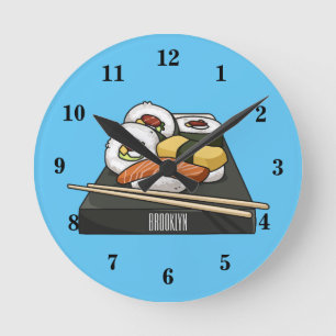Sushi-illustration av tecknad rund klocka