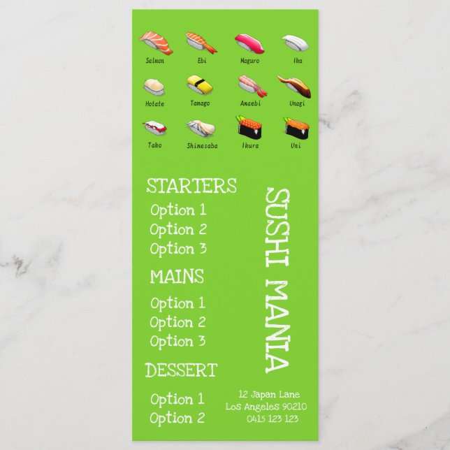 Sushi japansk restaurang wasabi middagsmeny meny (Framsida)