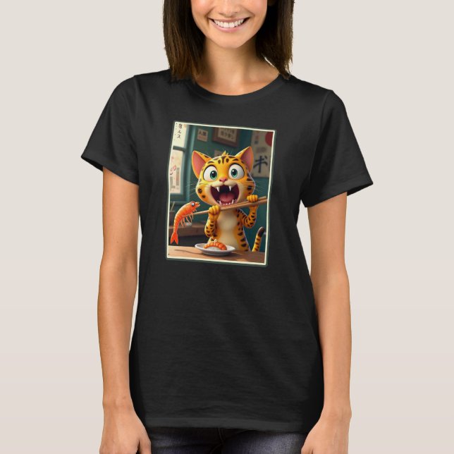 Sushi Katt Äter T Shirt (Framsida)