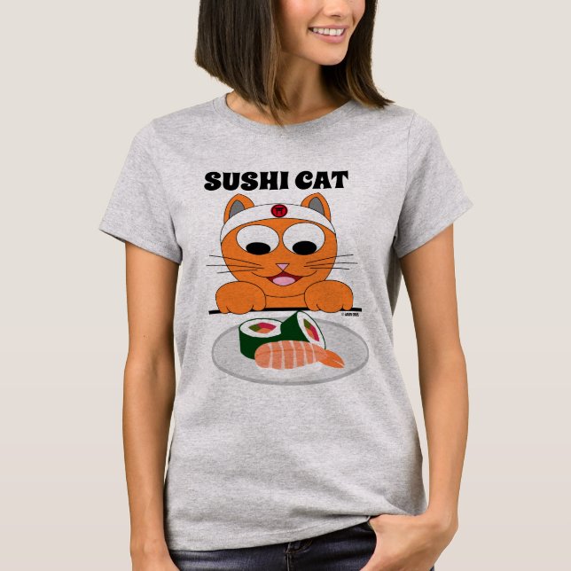 Sushi Katt Ginger Kitty Humoristisk T Shirt (Framsida)