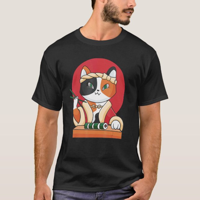 Sushi Katt Tecknad Mat Husdjur Fisk T Shirt (Framsida)
