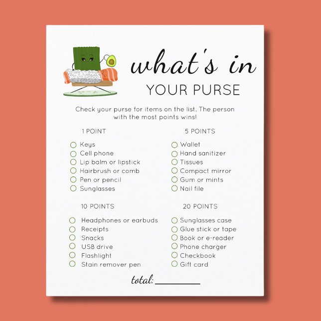 Sushi Kawaii Baby Shower What's in your Purse Flygblad (Skapare uppladdad)