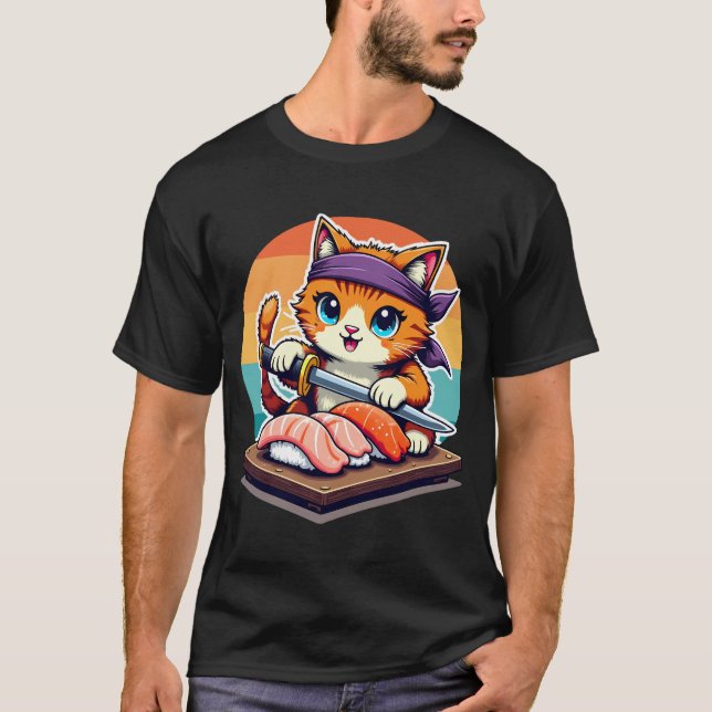 Sushi Master Cat med Sunset holding Katana knivar T Shirt (Framsida)