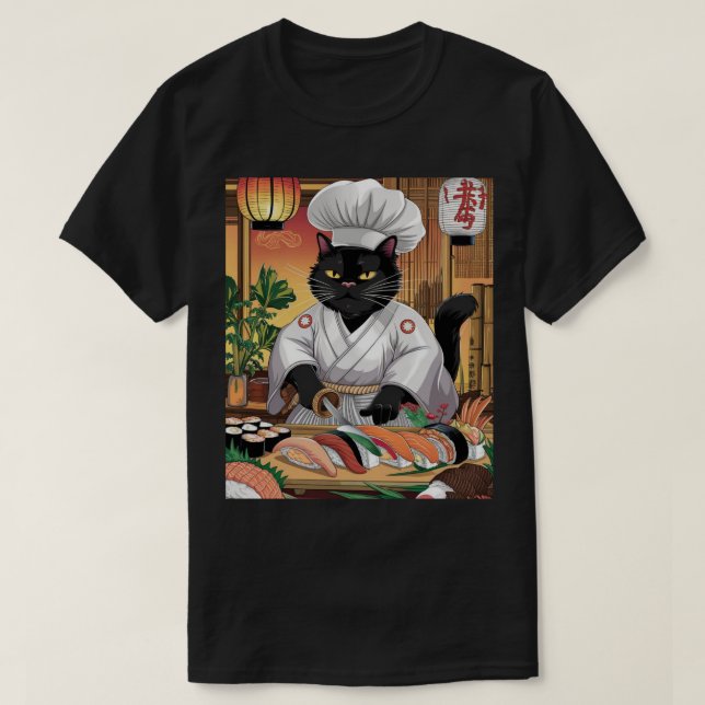 Sushi Master Svart Katt T Shirt (Design framsida)