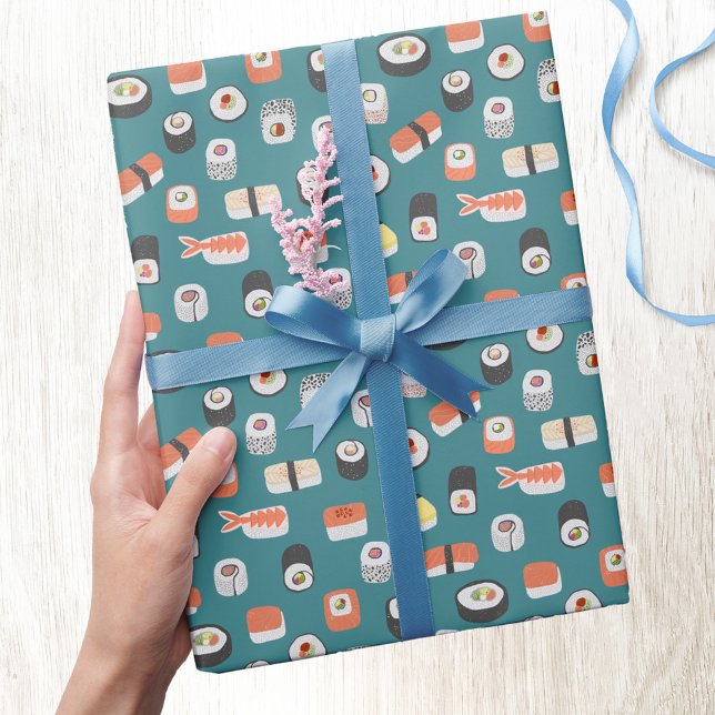 Sushi Mönster Teal Grönt Presentpapper (Japan Japanese sushi food art pattern gift wrapping paper roll)