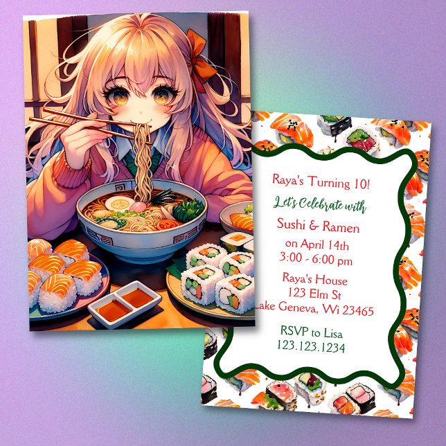 Sushi och Ramen Girl's Anime Födelsedagsfest Inbjudningar (Skapare uppladdad)