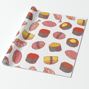 Sushi och rullar sömlösa mönster. Doodle teckna Presentpapper