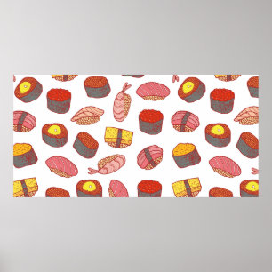 Sushi och rullar sömlösa mönster. Doodle tecknad c Poster