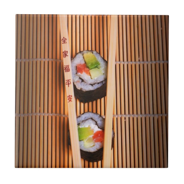 Sushi och träpinnar kakelplatta (Framsidan)