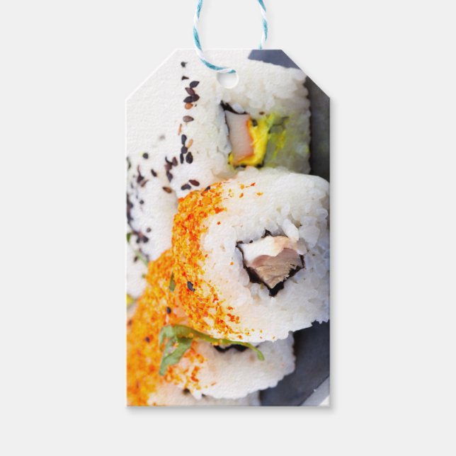 Sushi på en platta presentetikett (Framsidan)