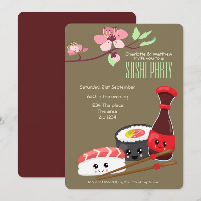 Sushi Party Kawaii Personalize japanska Thmet Inbjudningar (Fram/baksida)