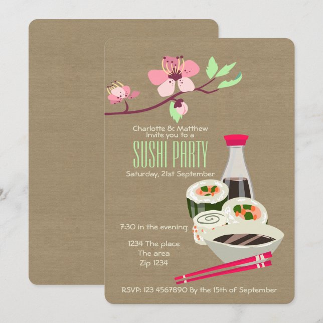 Sushi Party lätt att anpassa japanska Themsen Inbjudningar (Fram/baksida)