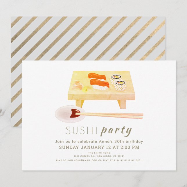 Sushi Party Modern Vit födelsedag Inbjudningar (Fram/baksida)