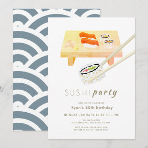 Sushi Party Modern White & Blue Birthday Inbjudningar