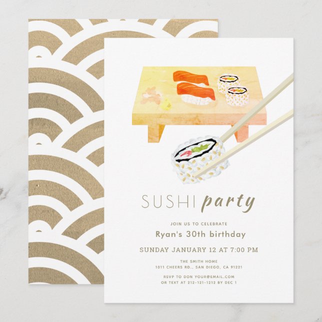Sushi Party Modern White & Guld Birthday Inbjudningar (Fram/baksida)