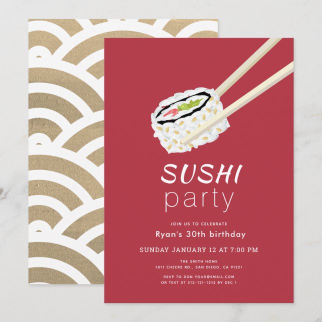 Sushi Party Simple Burgundy & Guld Birthday Inbjudningar (Fram/baksida)