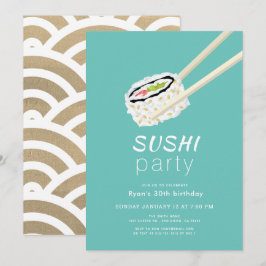 Sushi Party Simple Turquise & Guld Birthday Inbjudningar