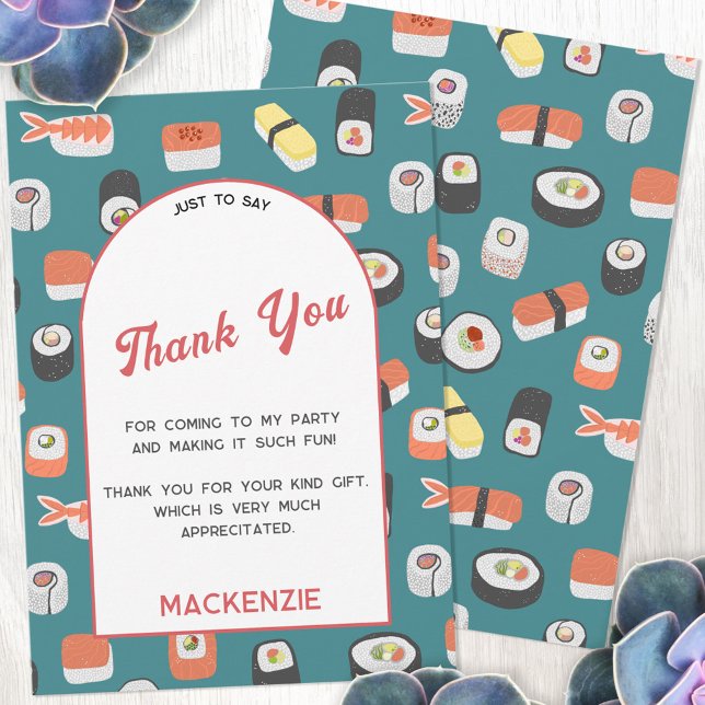 Sushi Party - tackkort Inbjudningar (Japanese sushi themed personalized thank you card with custom text)
