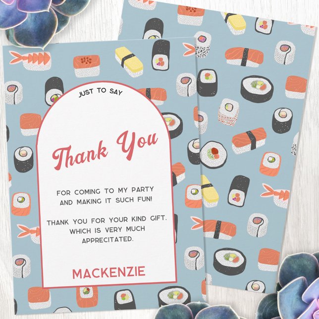 Sushi Party - tackkort Inbjudningar (Japanese sushi themed personalized thank you card with custom text)