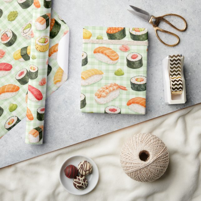 Sushi Pattern on Light Green Grid Presentpapper (Hantverk)