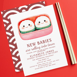 Sushi Ris Boll Kawaii Twillingars Baby Shower Inbjudningar