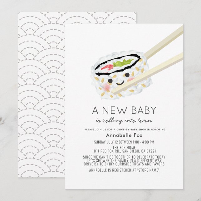 Sushi Roll Kawaii Drive by Baby Shower Inbjudningar (Fram/baksida)