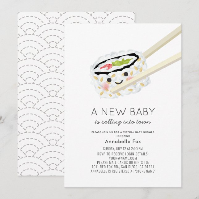 Sushi Roll Kawaii Virtuell babydusch Inbjudningar (Fram/baksida)