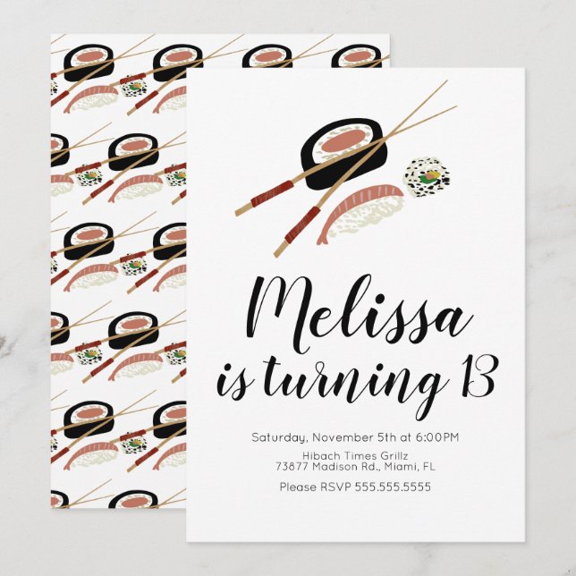 Sushi Roll Salmon Tonåring födelsedagen Hibachi Re Inbjudningar (Fram/baksida)
