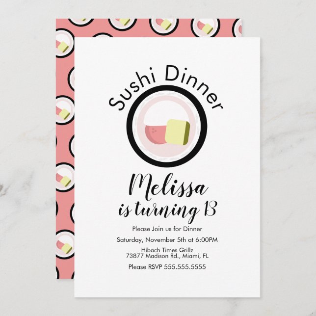 Sushi Roll Salmon Tonåring födelsedagsRestaurant Inbjudningar (Fram/baksida)