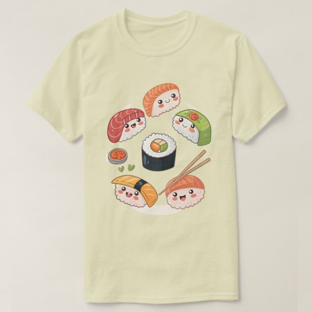 Sushi Roll Squad: Cute Kawaii Chibi Characters T- T Shirt (Design framsida)