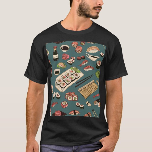 Sushi Rolls: Färgad Sömlös Vintage. T Shirt (Framsida)