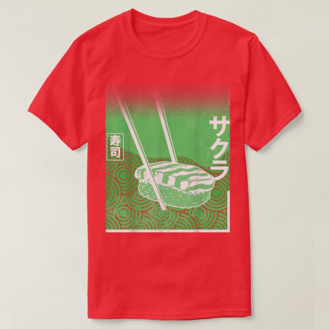 Sushi & Sakura Japansk Cherry Blommar Grönt Färg T Shirt (Design framsida)