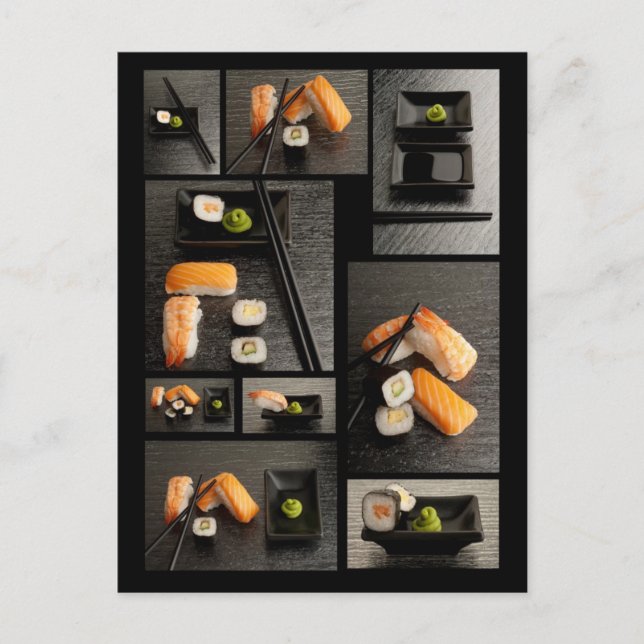 Sushi-samling på svart bakgrund vykort (Framsida)