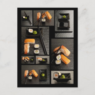 Sushi-samling på svart bakgrund vykort