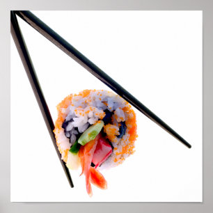 Sushi Shrimp Roll Black Chopsticks på White Japan Poster