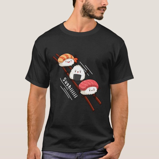 Sushi Sliding on Chopsticks Kawaii Anime Japanska T Shirt (Framsida)