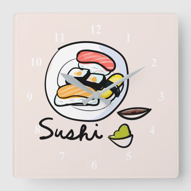 Sushi söt kawaii modern japansk matkonst fyrkantig klocka (Framsida)