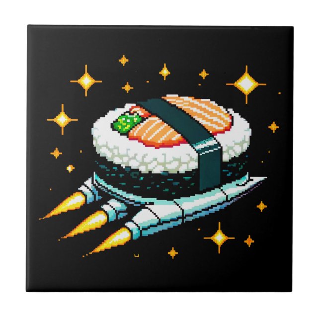 Sushi SpacesHär Pixel Art Flies Sushi Roll Design Kakelplatta (Framsidan)