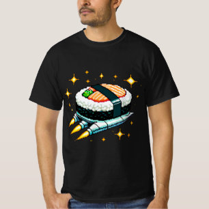 Sushi SpacesHär Pixel Art Flies Sushi Roll Design T Shirt